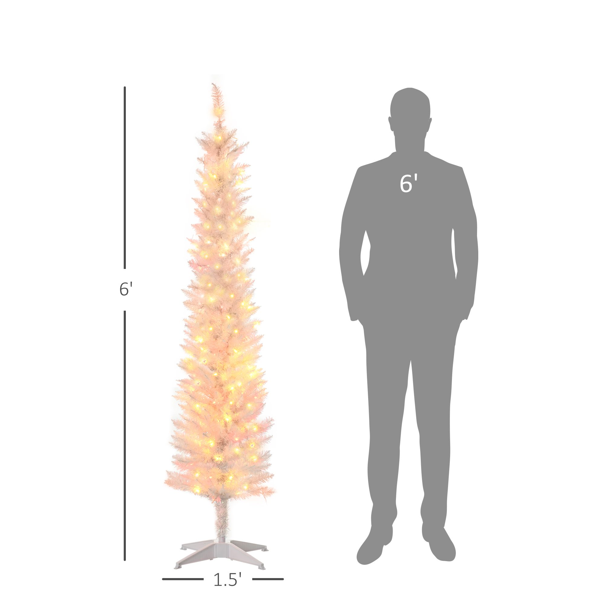 6' Prelit Christmas Trees, Pencil Artificial Christmas Tree with Colorful Surface Branches, Colorful LED Lights, White - Image 1
