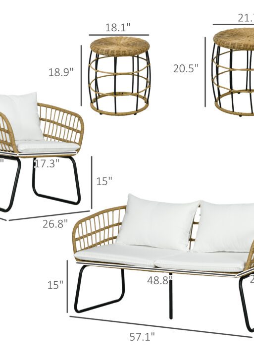 5 Piece PE Rattan Outdoor Furniture Set with Cushioned Chairs, Loveseat Sofa & Stackable Coffee Tables, Cream White