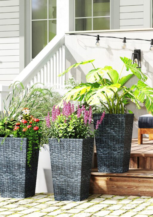 Tall Planters for Outdoor Plants Set of 3, 24 In Taper Planters with Drainage Holes, Rattan Decor Plant Pots for Indoor Outdoor Front Porch Patio Backyard, Gray