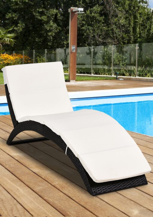 Patio Foldable Wicker Chaise Lounge, PE Rattan Outdoor Lounge Chair, Bed with Cushion for Garden, Backyard, Lawn, Beige