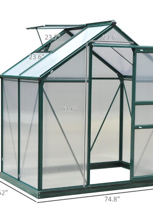 6' x 4' Greenhouse for Outdoors, Polycarbonate Greenhouse with Rain Gutter and Roof Vent, Aluminum Walk-in Green Houses for Outside for Patio Backyard Garden, Dark Green