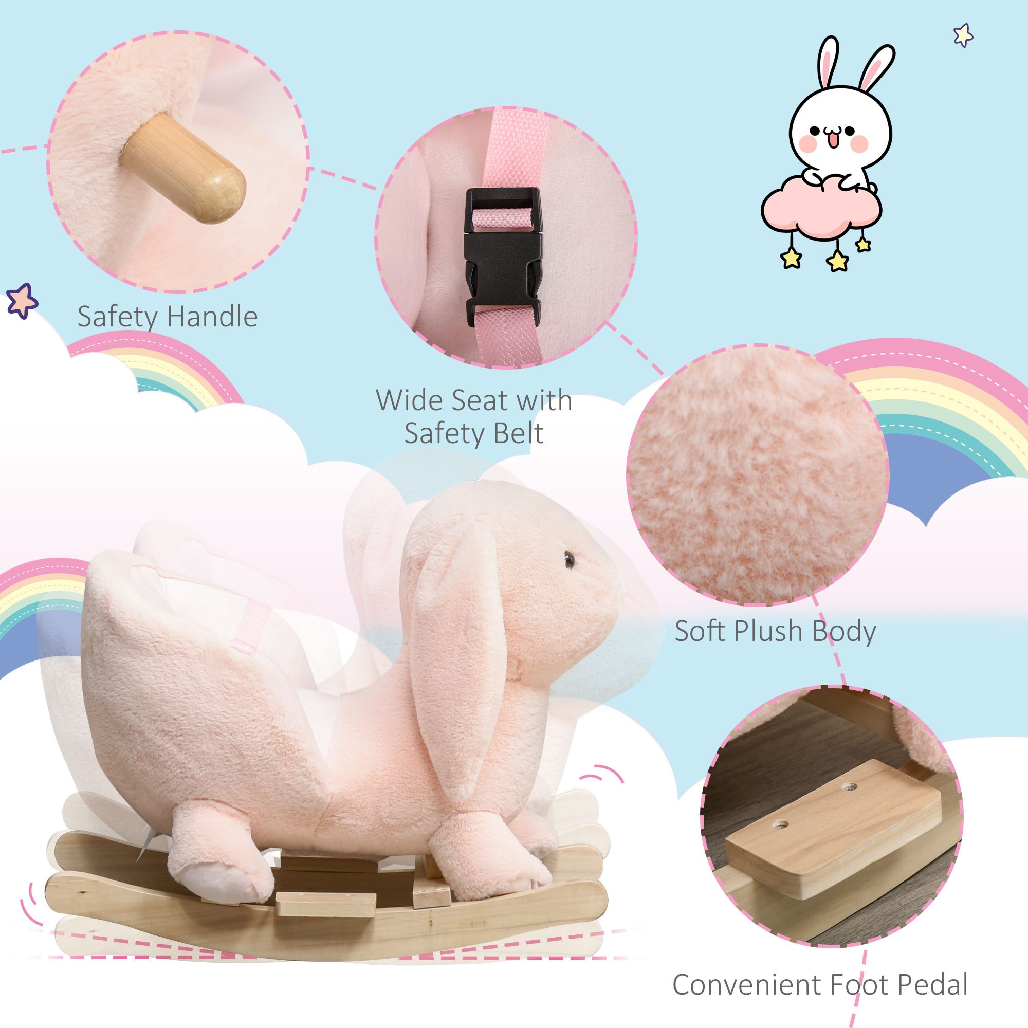 Rabbit Wooden Rocking Horse with Sound, Pink - Image 3