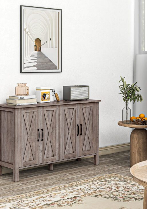 Sideboard Buffet with 4 Barn Doors and 2 Adjustable Shelves, Kitchen Buffet Cabinet for Living Room, Hallway, Gray