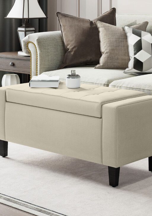 36" Ottoman with Storage, Storage Ottoman Bench with Lift Top and Rubberwood Legs, Linen Upholstered Entryway Bench with Seating for Living Room, Bedroom, Holds up to 330 lb, Beige