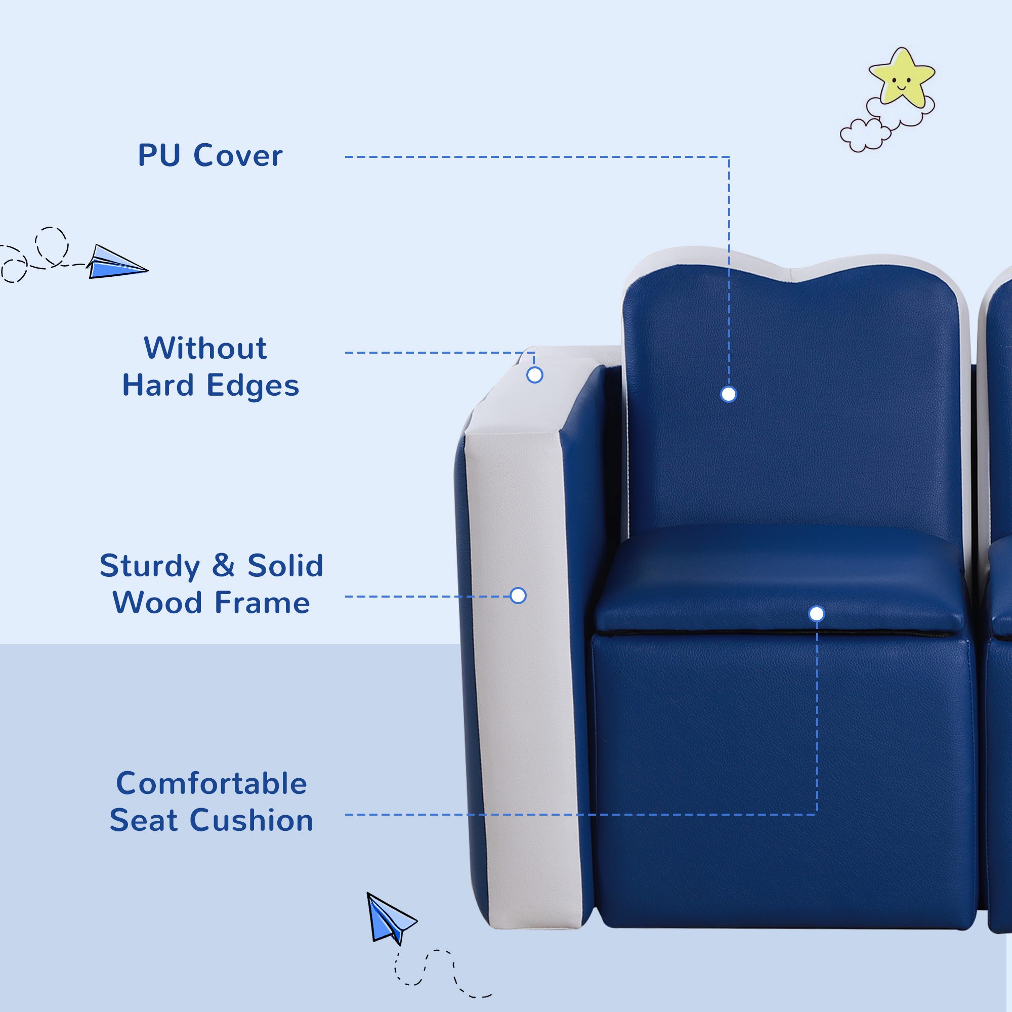 Kids Sofa Set 2-in-1 Multi-Functional Toddler Table Chair Set 2 Seat Couch Storage Box Soft Sturdy Blue - Image 4