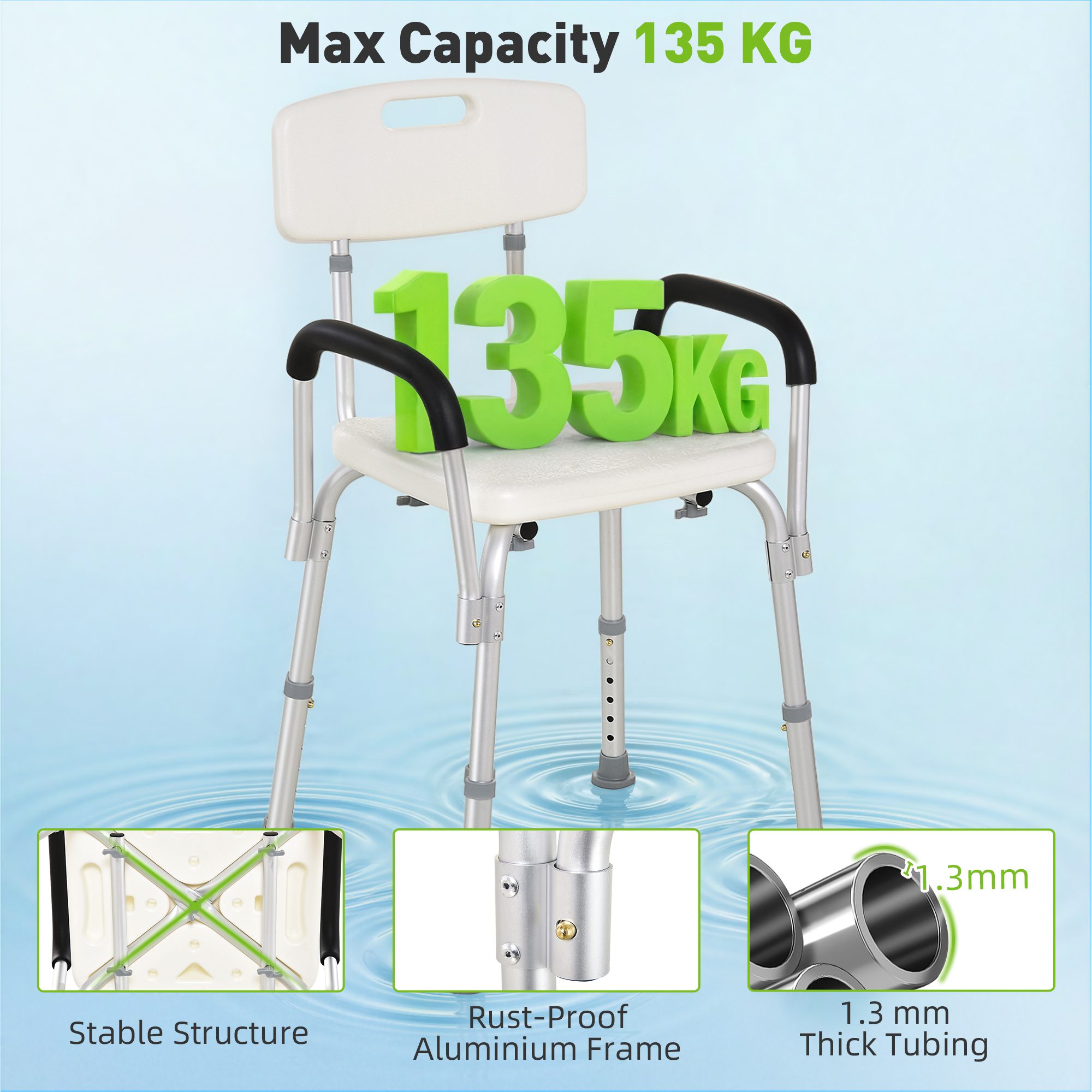 Shower Chair, Mobility Medical Grade Bath Chair, Adjustable Shower Bench with Removable Armrests for Seniors, Handicap, Disabled - Image 2
