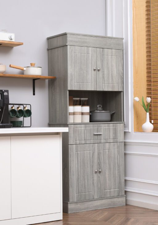 72" Kitchen Buffet with Hutch, Freestanding Pantry Cabinet with Utility Drawer, 2 Door Cabinets, Adjustable Shelves and Countertop, Gray Wood Grain
