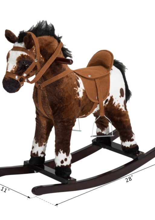 Kids Wooden Plush Ride-On Rocking Horse Chair Toy with Realistic Sounds Dark Brown/White
