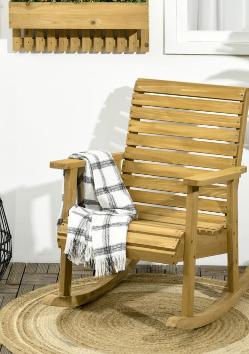 Wooden Outdoor Rocking Chair, Traditional Slatted Wood Rocker Chair with Armrests and High Backrest for Indoor & Outdoor, Light Brown