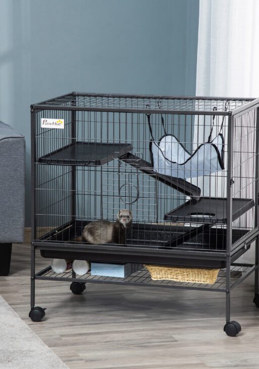 Small Animal Cage with Wheels, Pet Playpen for Rat, Syrian Hamster, Kitten, Ferrets, Chinchillas with Bottom Storage Shelf, Removable Tray, Ramp, 31.5" x 20.5" x 33.1"