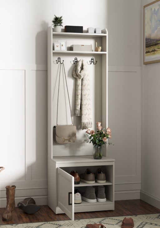 Narrow Hall Tree with Shoe Storage Bench, Rustic Entryway Bench with Coat Rack, Accent Coat Tree with Storage Shelves for Hallway, Mudroom, White Wood Grain