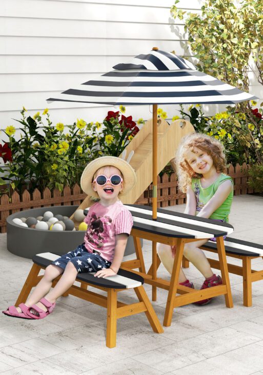 Kids Table and Chair Set Wooden Kids Outdoor Table Set with Removable Umbrella for 4 Kids Ages 3-8 Years Old