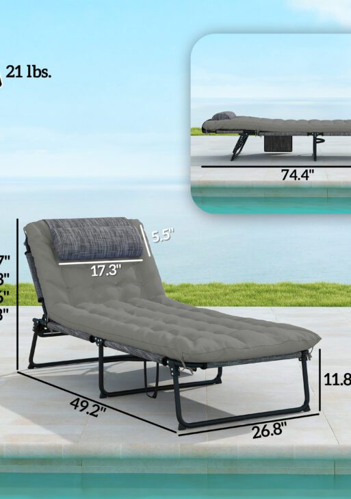 Folding Chaise Lounge Pool Chair with 4-level Reclining Back, Cushion, Side Pocket, Headrest, Gray
