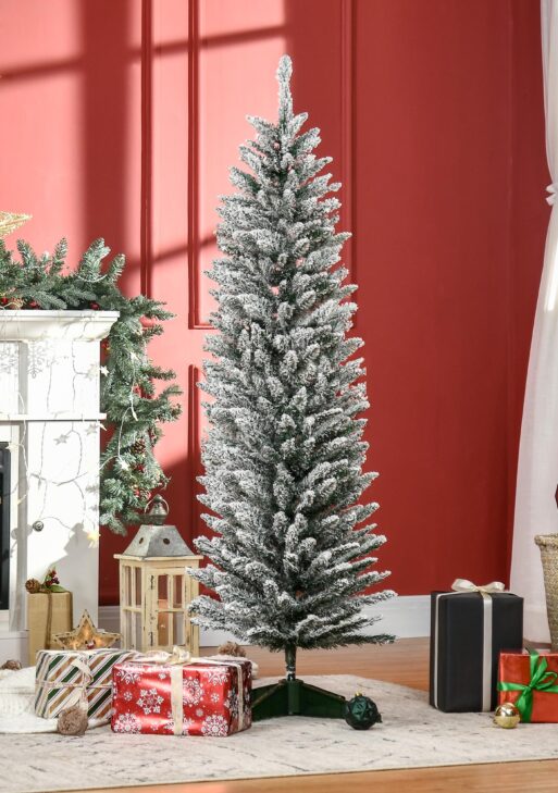 5' Snow Flocked Artificial Pencil Christmas Tree, Slim Xmas Tree with Realistic Branches and Plastic Base Stand for Indoor Decoration, Green