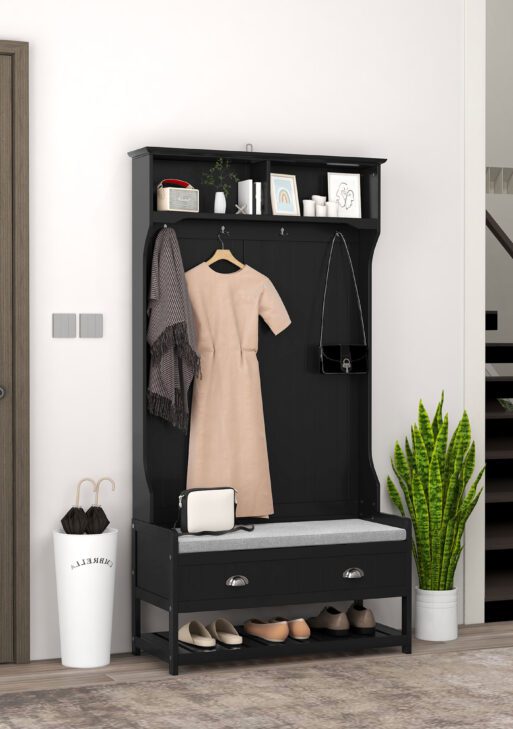 3-in-1 Hall Tree, Entryway Bench with Coat Rack, Mudroom Bench with Shoe Rack, 2 Storage Drawers, 4 Hooks and Padded Seat Cushions for Hallway, Black