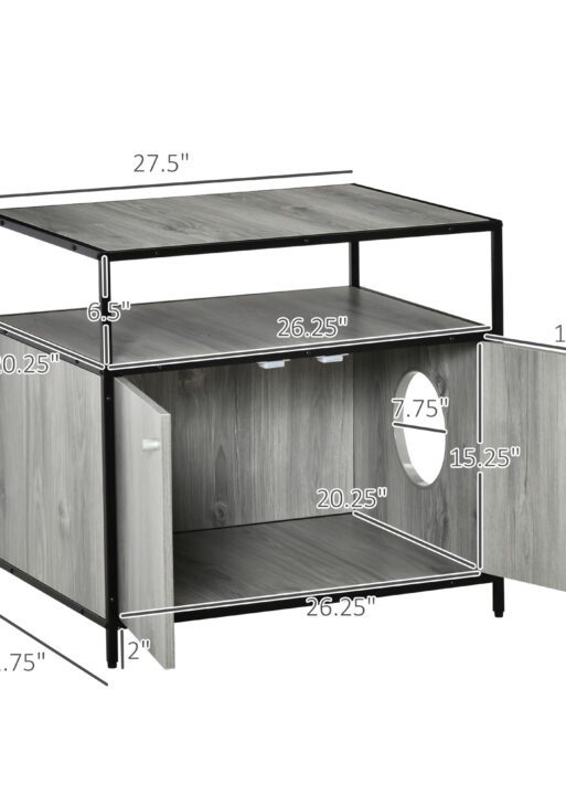 Wooden Cat Litter Box Enclosure, Hidden Kitten Washroom, Indoor End Table with Magnetic Doors & Storage Shelves, Gray