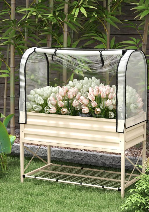 Raised Garden Bed with Legs and Cover, Metal Elevated Planter Box with Bottom Shelf and Liner for Vegetables, Cream