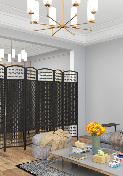 6 Panel Folding Room Divider Portable Privacy Screen Wave Fiber Room Partition for Home Office Black