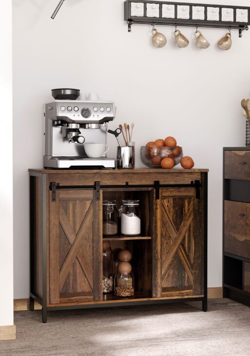 Industrial Sideboard Buffet Cabinet, Coffee Bar Cabinet, Kitchen Cabinet with Sliding Barn Doors, Storage Cabinets and Adjustable Shelves for Living Room, Home Bar, Rustic Brown