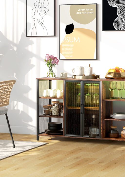 LED Wine Cabinet with Charging Station Glass Holders, Open Shelves, Rustic Brown