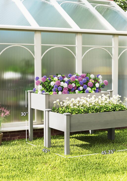 2 Tier Raised Garden Bed, Wooden Elevated Planter Box with Legs, Outdoor Plant Bed for Flowers Vegetables Herbs Gray