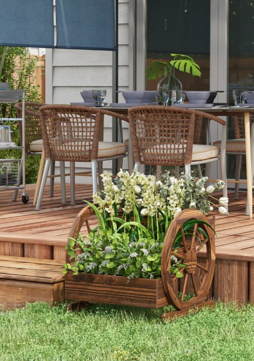 Wooden Wagon Planter Box, 3-Tier Raised Garden Bed, for Vegetables Flowers Herbs, 25" x 24" x 23"