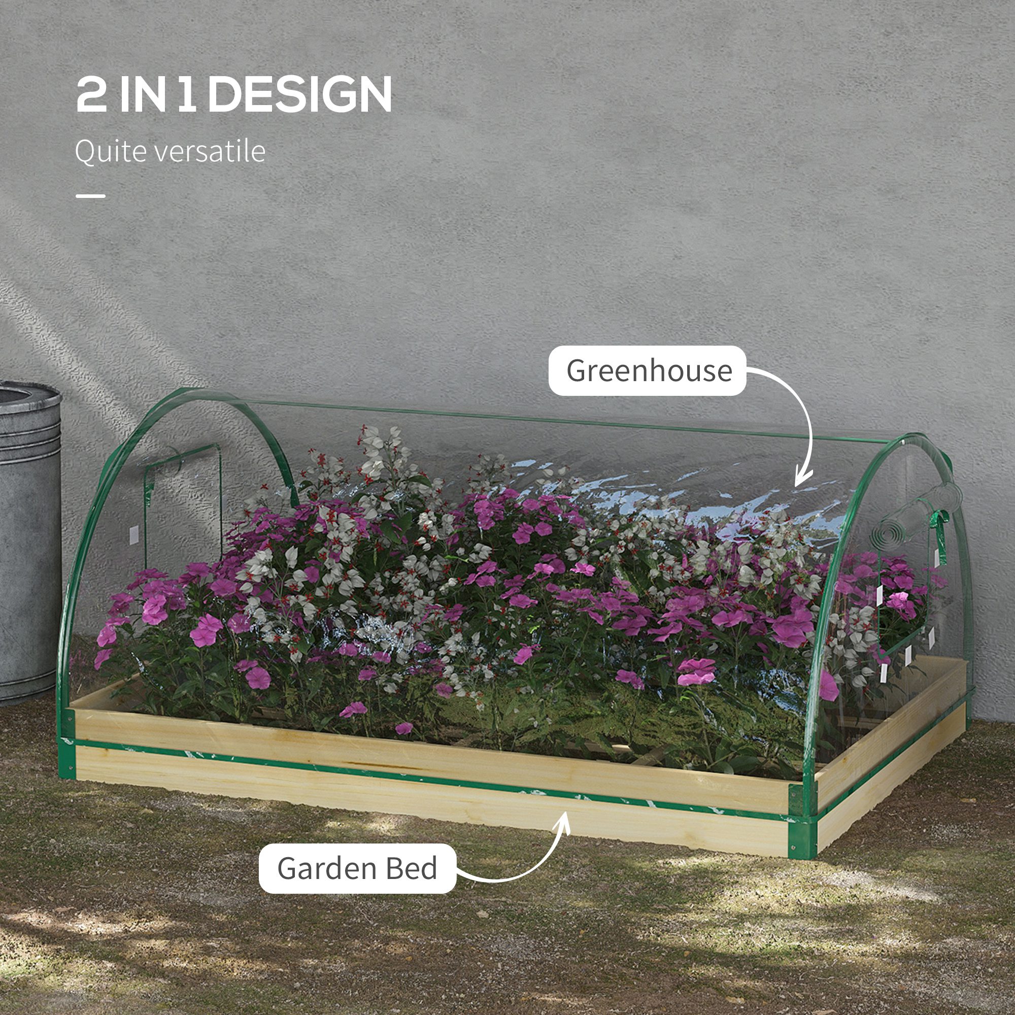 12 Pockets Raised Garden Bed with Greenhouse and Roll Up Windows, Wooden Planter Box Kit with Cover, Dual Use for Vegetables, Flowers, 4' x 3' x 2' - Image 2