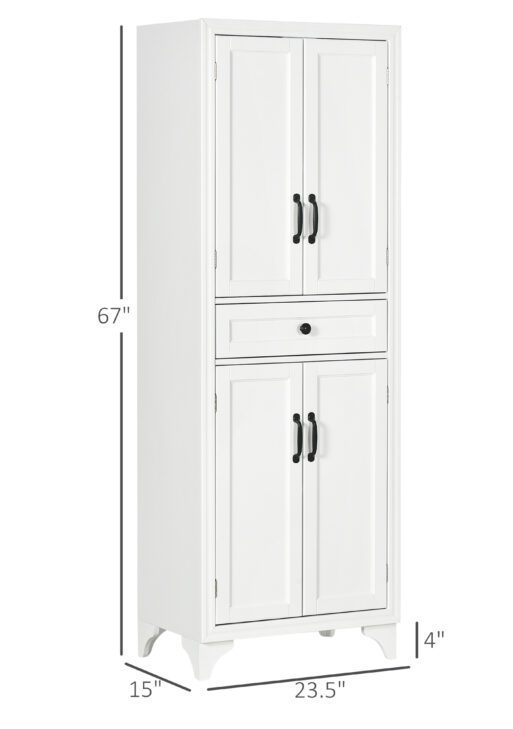 67" 4-Door Kitchen Pantry with Drawer and Adjustable Shelves, White