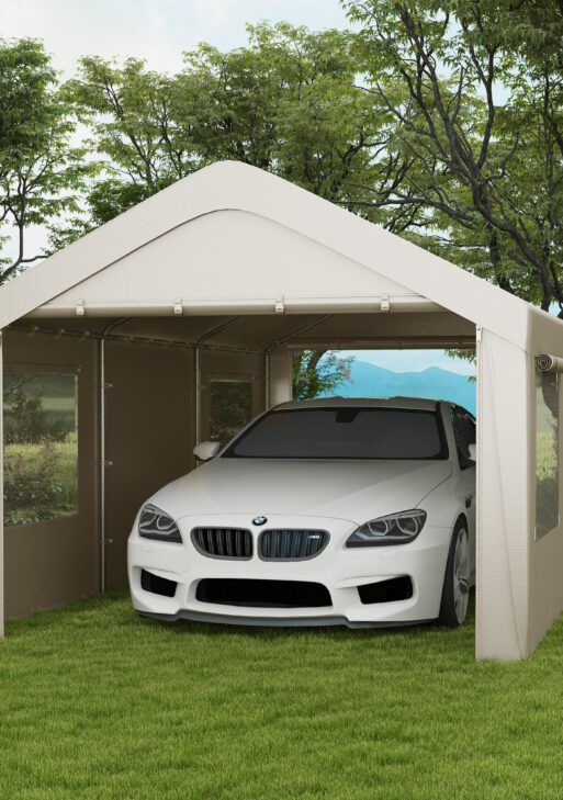 10' x 20' Carport, Heavy Duty Portable Garage, with 4 Mesh Windows and 2 Doors, Tan