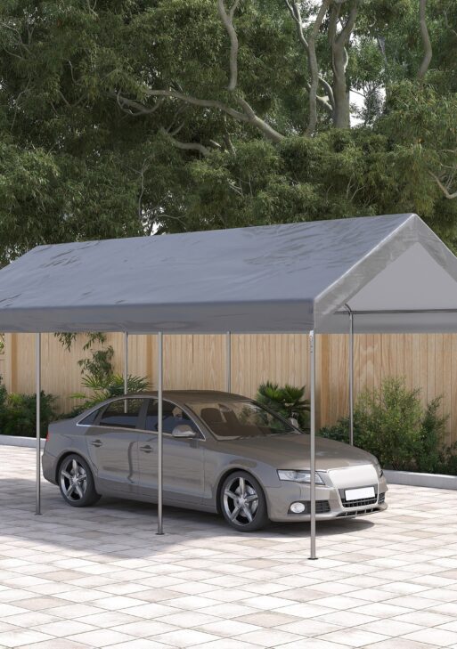 10' x 20' Party Tent and Carport, Height Adjustable Portable Garage, Outdoor Canopy Tent 8 Legs without Sidewalls for Car, Truck, Boat, Motorcycle, Bike, Garden Tools, Gray