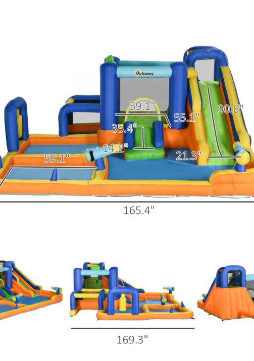 7 in 1 Water Slide w/ Slide Pool Climbing Wall Water Cannon Basketball Hoop Boxing Post Football Stand for 3-8 Years
