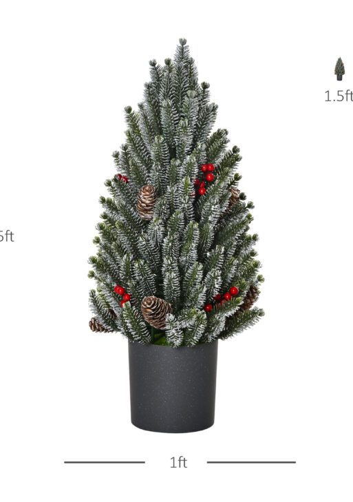 18" Tall Unlit Miniature Snow-Flocked Tabletop Artificial Christmas Tree, Holiday Decoration with Pine Cones and Berries
