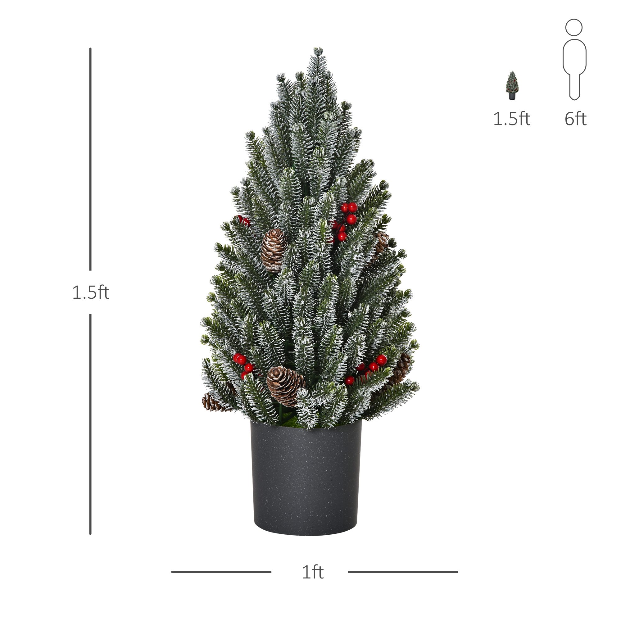 18" Tall Unlit Miniature Snow-Flocked Tabletop Artificial Christmas Tree, Holiday Decoration with Pine Cones and Berries - Image 1