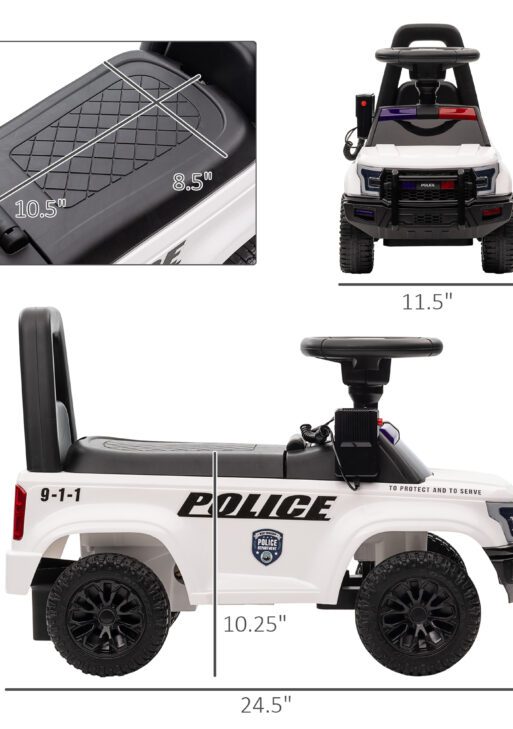 Kids Push Ride On Car with Working PA System and Horn, Police Truck Style Foot-to-Floor Sliding Car for Boys and Girls with Under-Seat Storage, for 18 Months to 5 Years Old, White