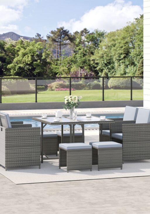 9 Piece Outdoor Rattan Wicker Dining Table and Chairs Furniture Set Space Saving Wicker Chairs w/ Cushions - Gray