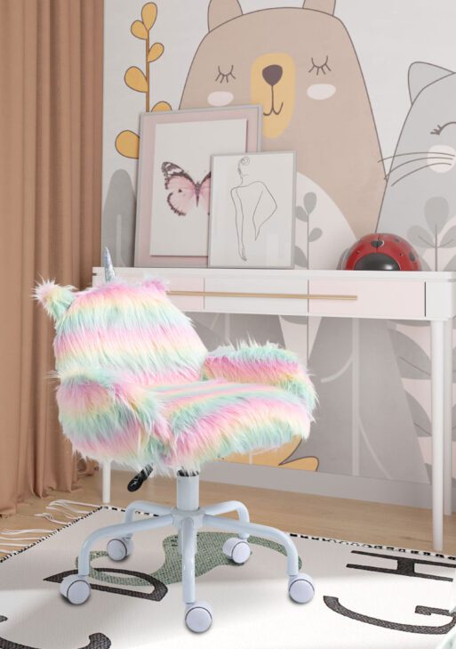Fluffy Unicorn Office Chair with Mid-Back and Armrest Support, 5 Star Swivel Wheel White Base, Rainbow