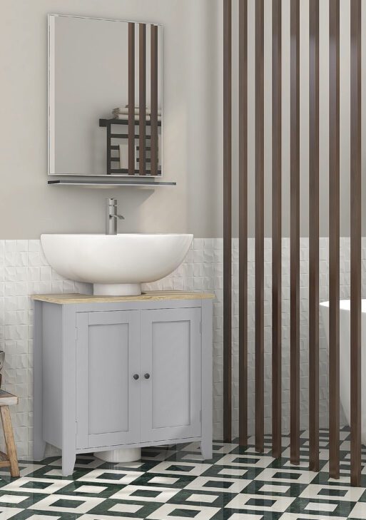 Bathroom Vanities, Pedestal Sink Cabinet with U-Shaped Cut-out and Adjustable Shelf, Gray