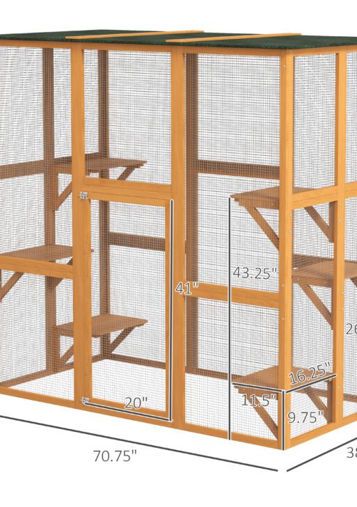 Outdoor Cat House Big Catio Wooden Feral Cat Shelter Enclosure with Large Spacious Interior, 6 High Ledges, Weather Protection Asphalt Roof, 71" L, Orange