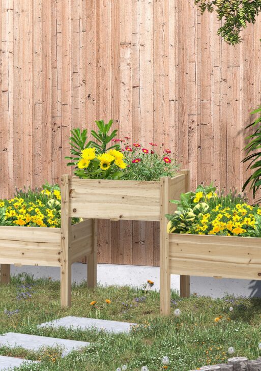 Raised Garden Bed with 3 Planter Box, Elevated Wooden Plant Stand with Drainage Holes, for Vegetables, Herb and Flowers, Natural