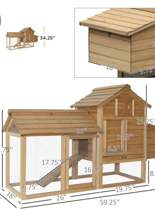 59" Small Wooden Chicken coop Hen House Poultry Cage for Outdoor Backyard with 2 Doors, Nesting Box and Removable Tray, Natural Wood