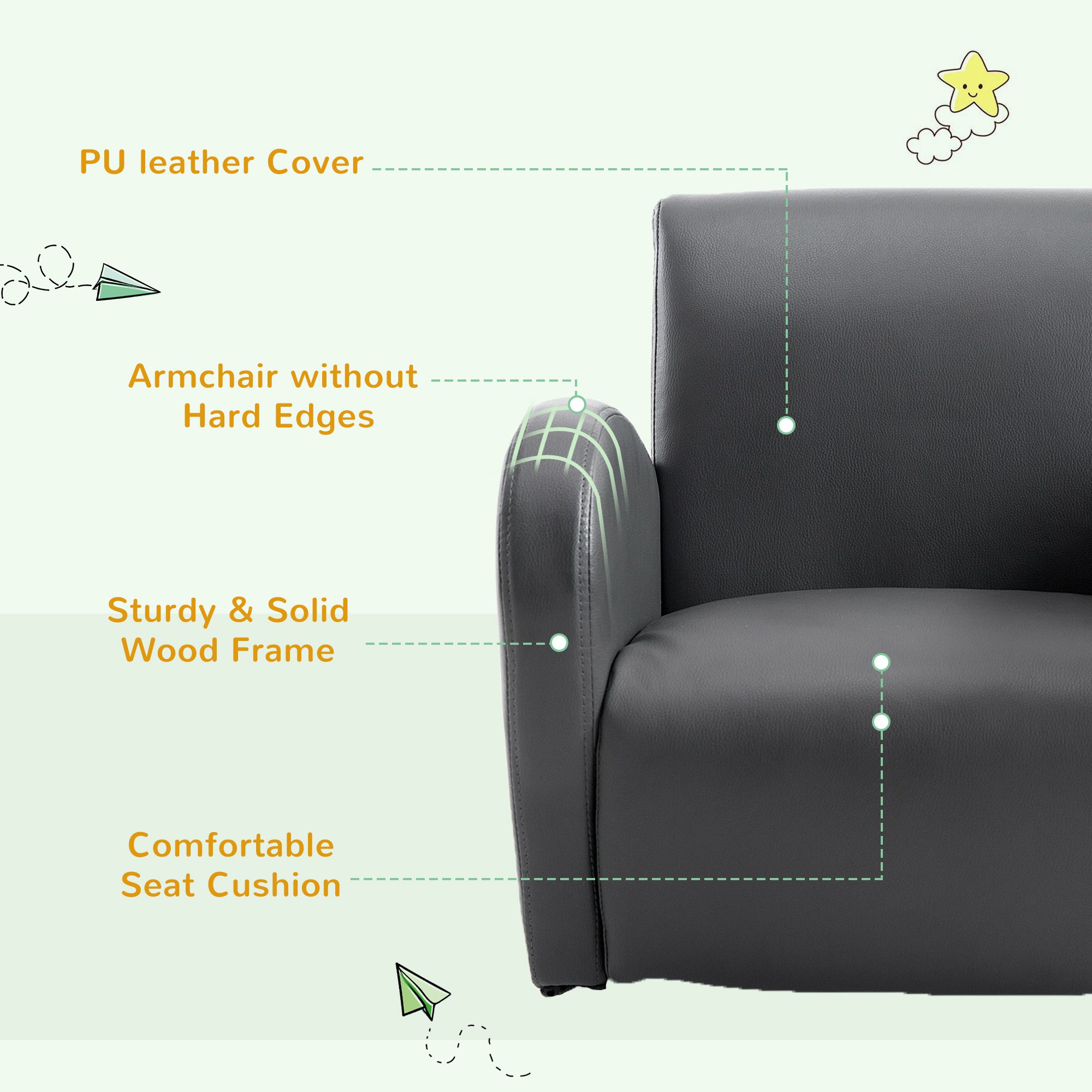 Kids Sofa Rocking Chair with Side Pocket, PU Leather Toddler Armchair for Children Grey - Image 4