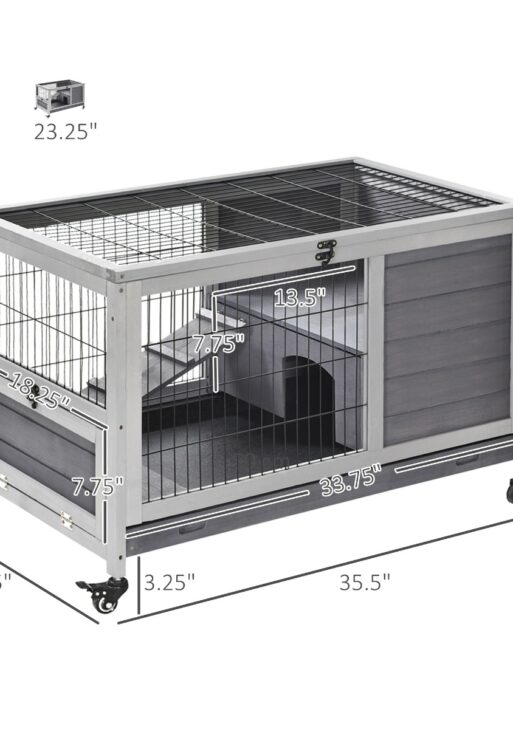 Indoor Rabbit Enclosure, Wooden Elevated Cage Habitat with Enclosed Run with Wheels - Ideal for Rabbits and Guinea Pigs