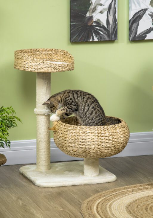 28" Elevated Cat Bed with Sisal Scratching Post for Indoor Kitties, Modern Cat Tree with Cute Basket Design, Small Cat Tree with Fun Ball Toy