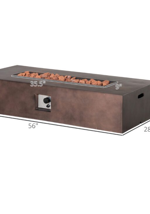 56" Firepit Table for Outside, 50,000 BTU Large Rectangular Stone Gas Firepit with Lava Rocks & Rain Cover, Fits 20lb Tank, Brown