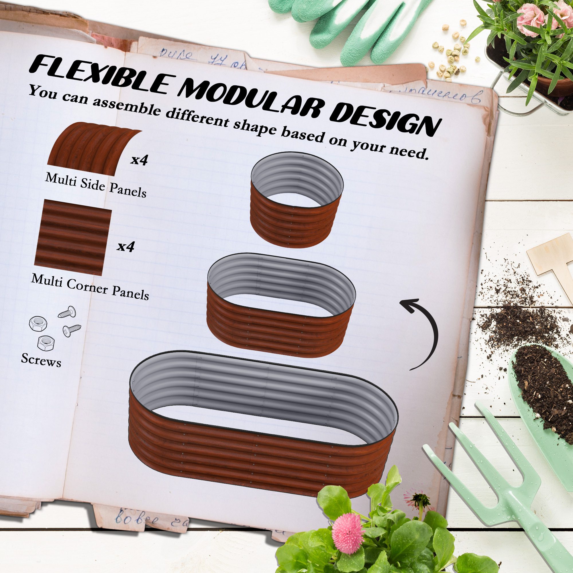 4.9' x 2' x 1.4' Galvanized Raised Garden Bed Kit, Metal Planter Box with Safety Edging, Brown - Image 2