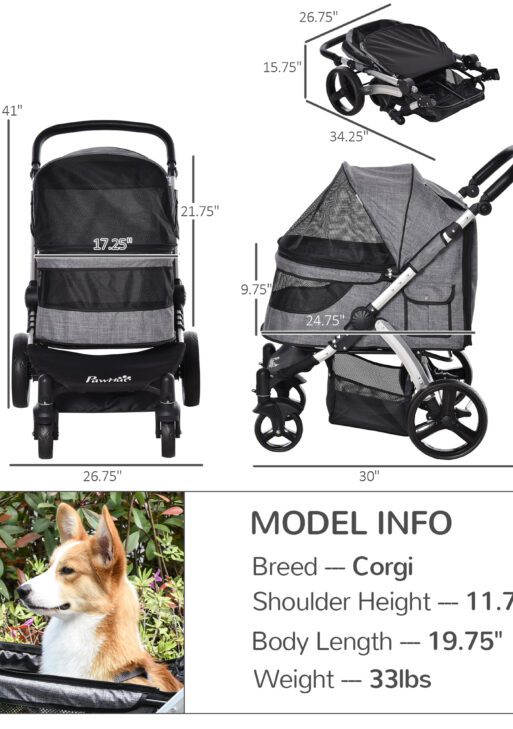 Pet Stroller Foldable Dog Cat Travel Carriage with Adjustable Handlebar PVC Wheel Brake Storage Bag Mesh Window Safety Leash Aluminum Grey