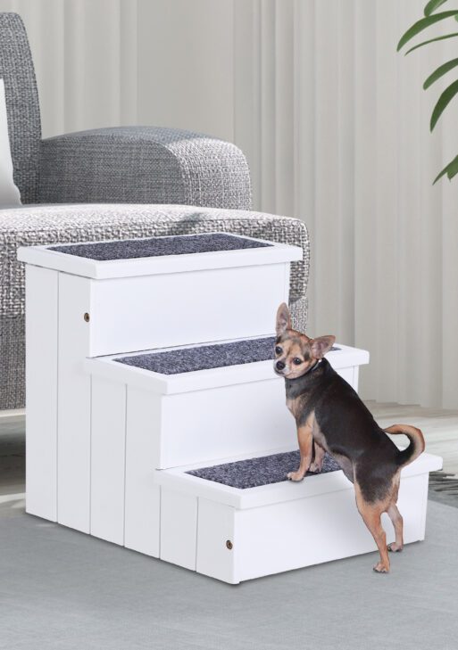 3 Step Wooden Carpeted Non Slip Pet Stairs Ramp for Cats and Small Dogs - White