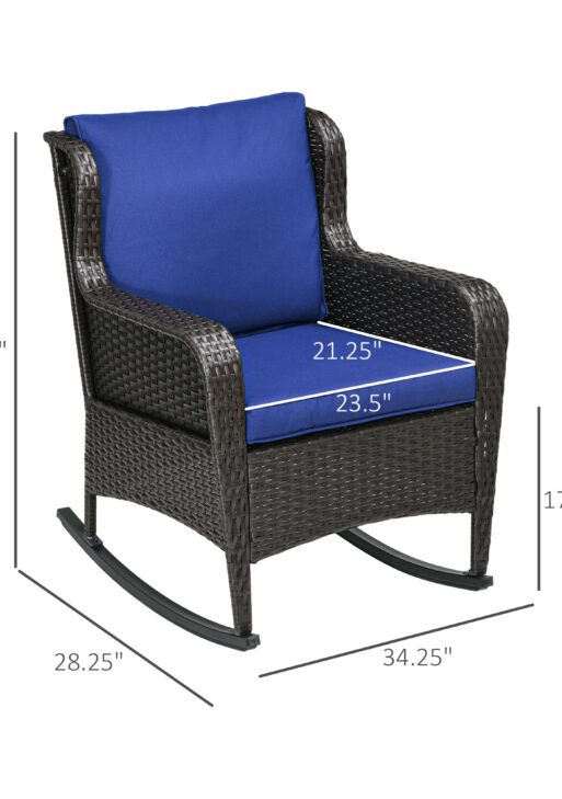 Outdoor Wicker Rocking Chair, Rattan Rocker with Cushions, Steel Frame for Patio, Garden, Backyard, Dark Blue