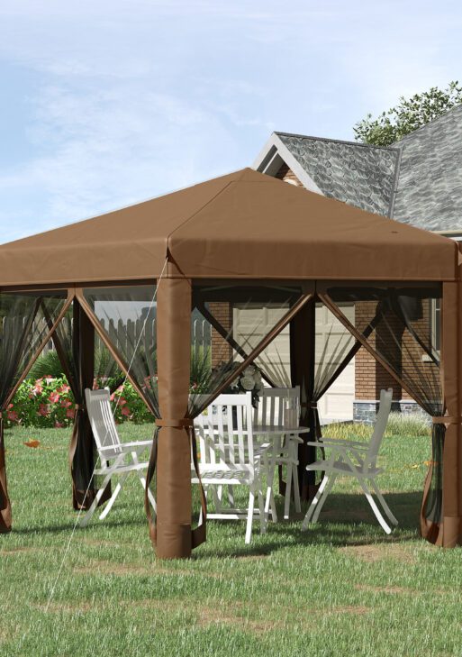 13' x 11' Hexagonal Pop Up Gazebo, Heavy Duty Outdoor Canopy Tent with 6 Mesh Sidewall Netting, 3-Level Adjustable Height and Strong Steel Frame, Brown