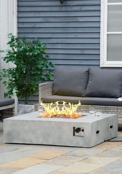 Outdoor Propane Fire Pit Table Faux Grey Ledge Stone 42-inch Square Fire Table, 50,000BTU Auto Ignition Gas Firepits with Protective Cover, Lava Rocks, CSA Certification for Outdoor, Grey